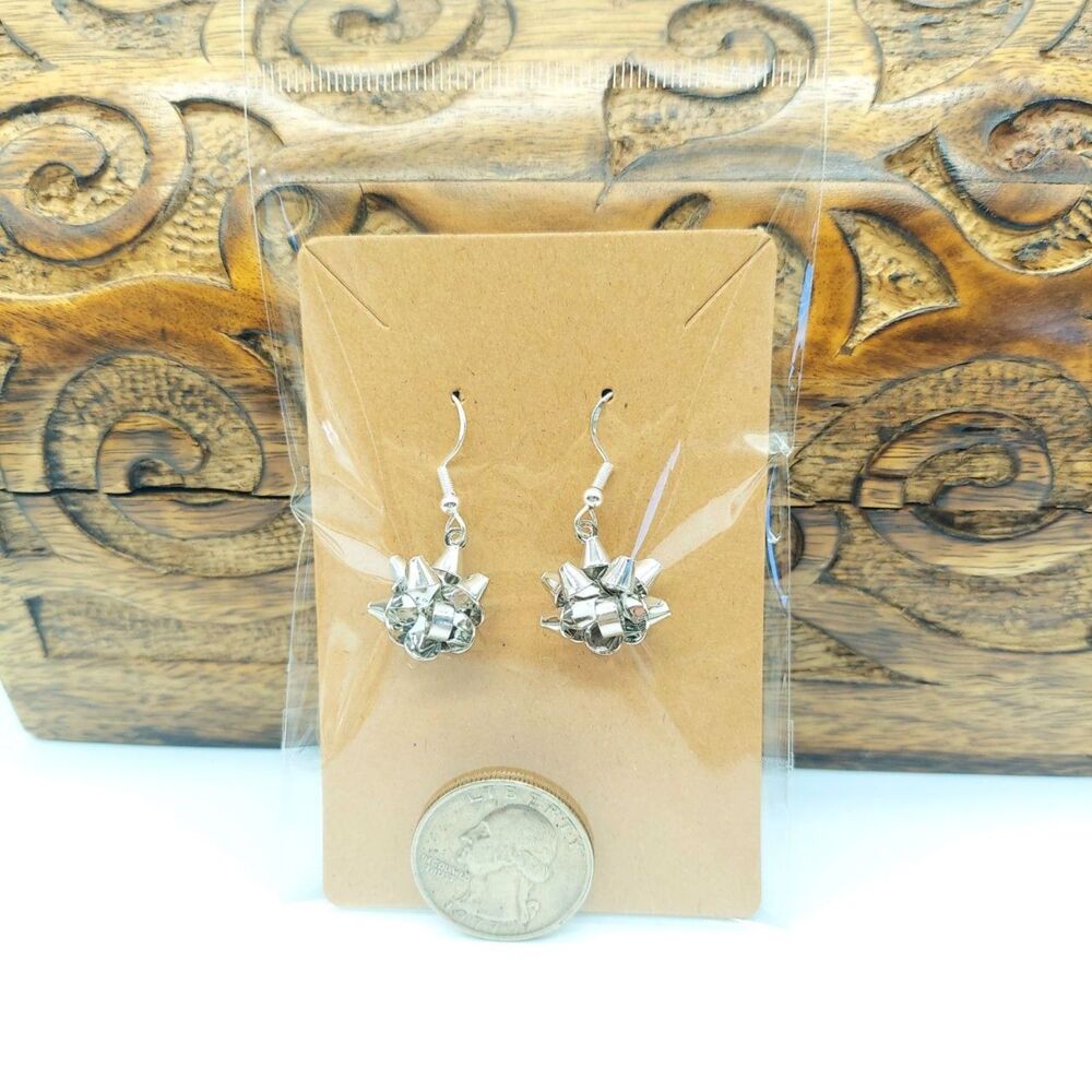 3D Silver Christmas Bow Earrings Christmas Earrings - Picture 2 of 2